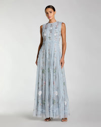Mac Duggal #9360 powder blue floral mesh sleeveless a line micro ruffle gown