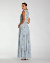Mac Duggal #9360 powder blue floral mesh sleeveless a line micro ruffle gown