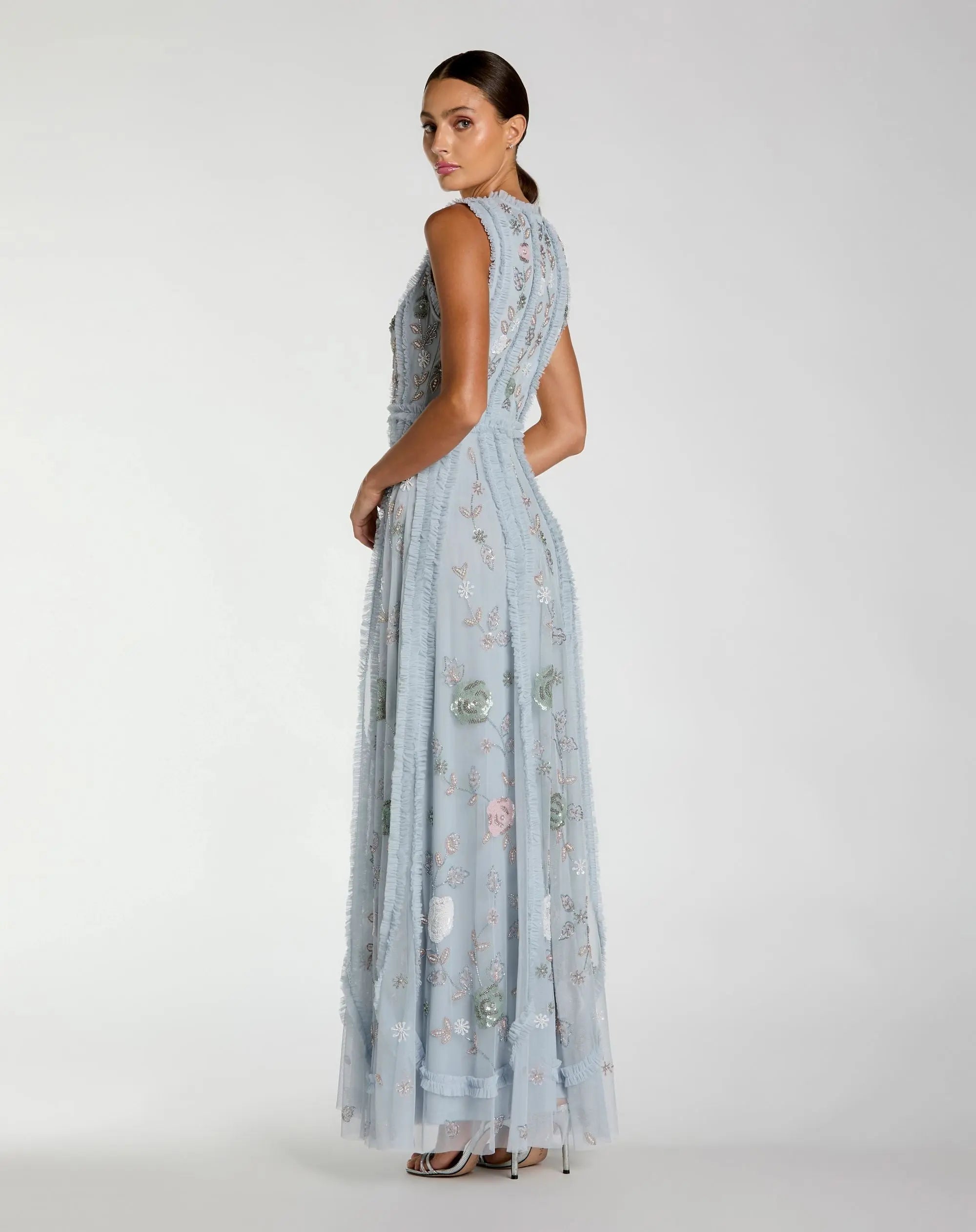 Mac Duggal #9360 powder blue floral mesh sleeveless a line micro ruffle gown
