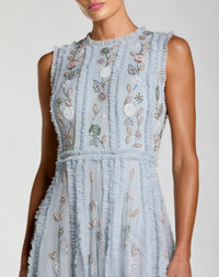 Mac Duggal #9360 powder blue floral mesh sleeveless a line micro ruffle gown
