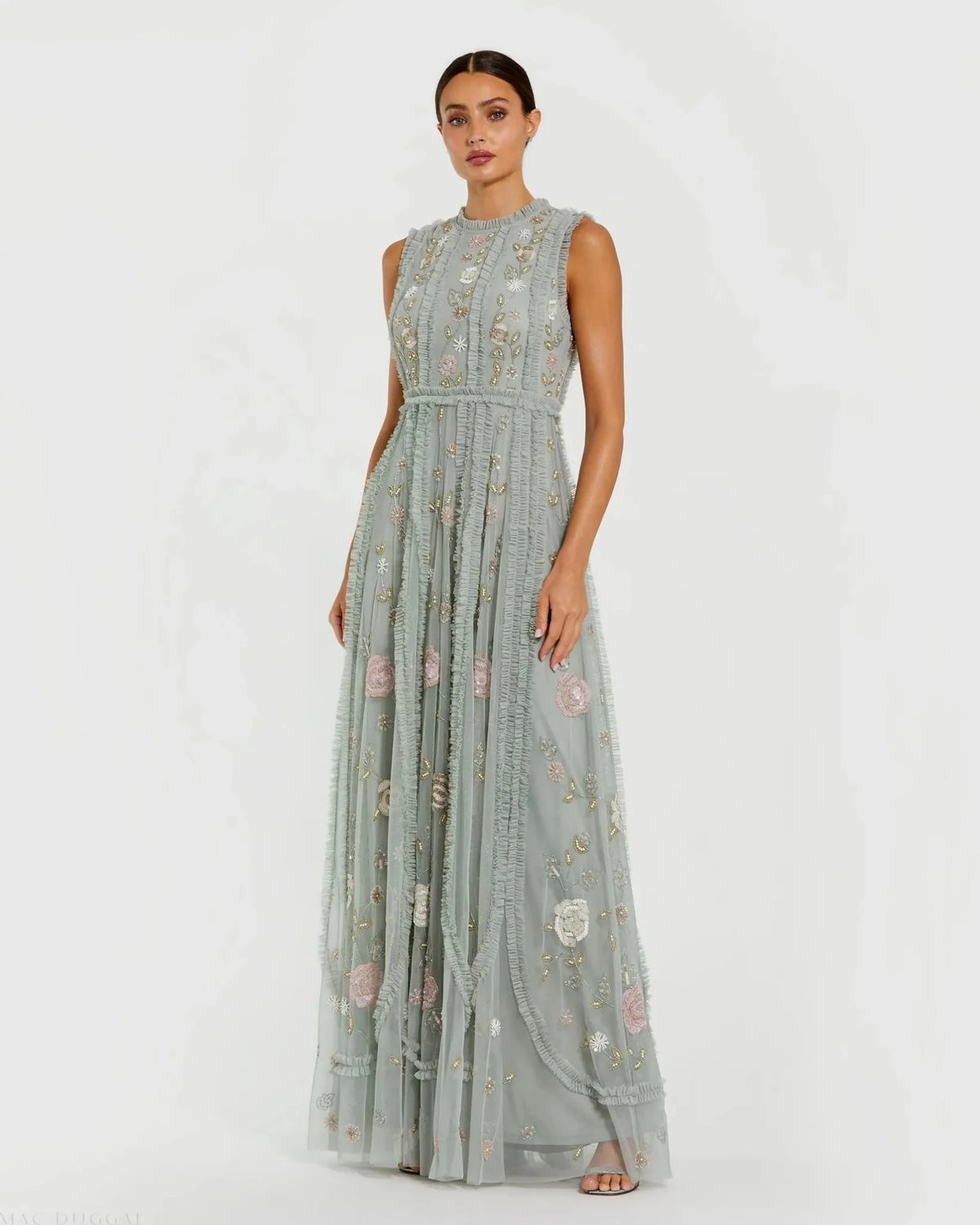 Floral Mesh Sleeveless A Line Micro Ruffle Gown - Sage Multi