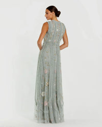 Mac Duggal Green Floral Mesh Sleeveless A Line Micro Ruffle Gown Sea Mist #9360