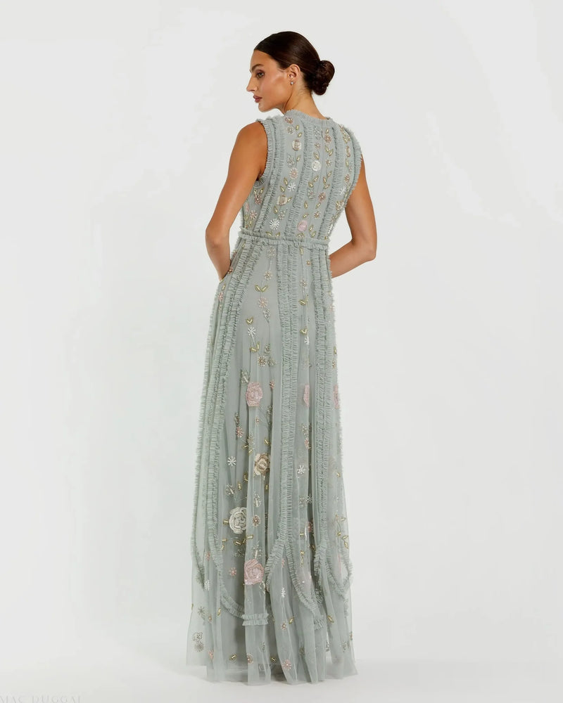 Mac Duggal Green Floral Mesh Sleeveless A Line Micro Ruffle Gown Sea Mist #9360