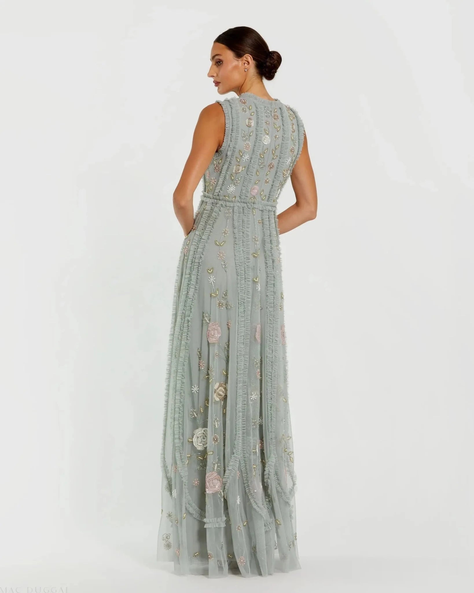 Floral Mesh Sleeveless A Line Micro Ruffle Gown - Sage Multi