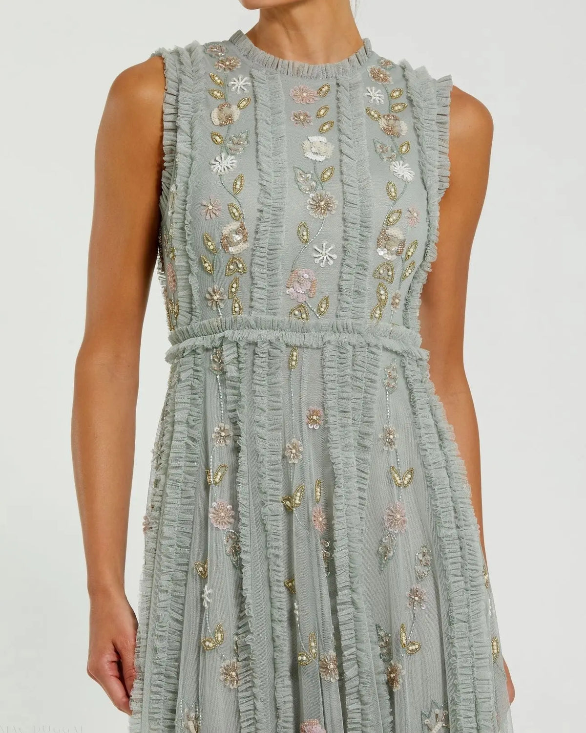 Mac Duggal Green Floral Mesh Sleeveless A Line Micro Ruffle Gown Sea Mist #9360