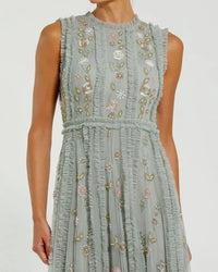 Floral Mesh Sleeveless A Line Micro Ruffle Gown - Sage Multi