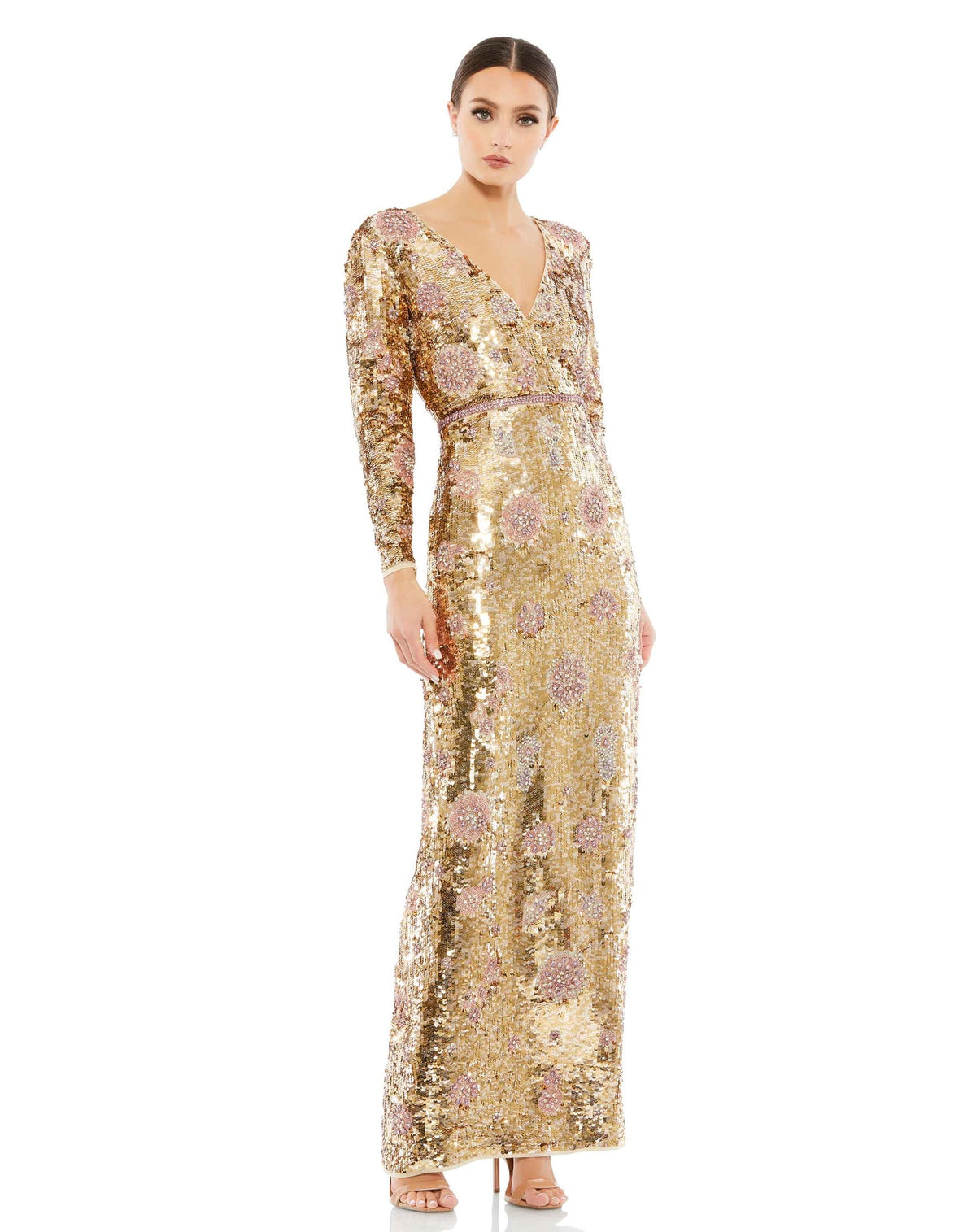 Style #93615 Embellished wrap over long sleeve column gown - Gold