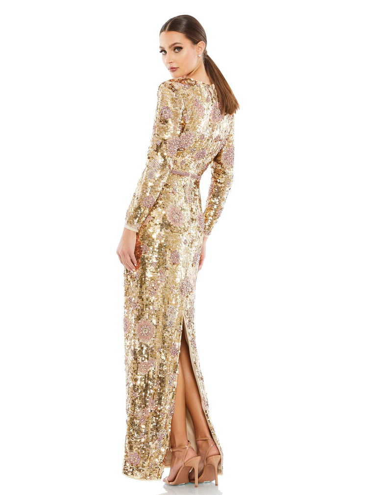 Style #93615 Embellished wrap over long sleeve column gown - Gold back view