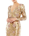 Style #93615 Embellished wrap over long sleeve column gown - Gold close up