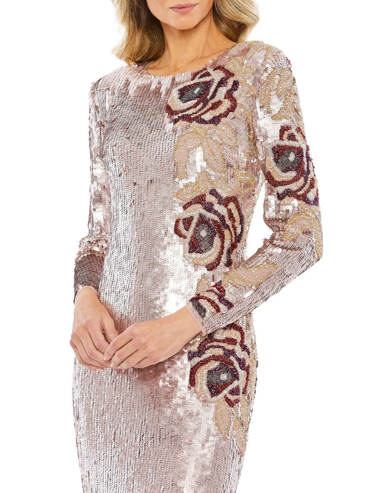 MAC DUGGAL, Sequin Long Sleeve Midi Modest Dresses - vintage rose pink, Style #93624 close up