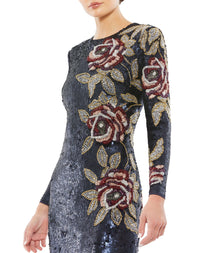 MAC DUGGAL, Sequin Long Sleeve Midi Modest Dresses - Midnight Blue, Style #93624 close up
