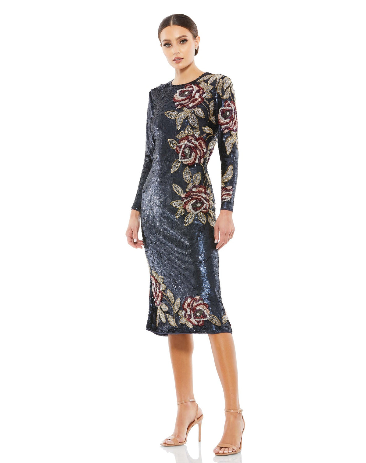 MAC DUGGAL, Sequin Long Sleeve Midi Modest Dresses - Midnight Blue, Style #93624