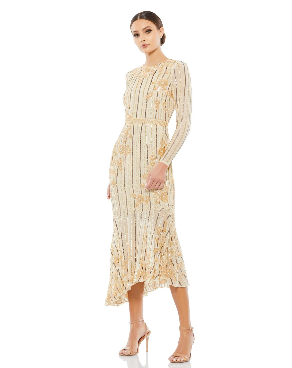 mac duggal, LONG SLEEVE TEA LENGTH modest DRESS, Style #93627, gold nude