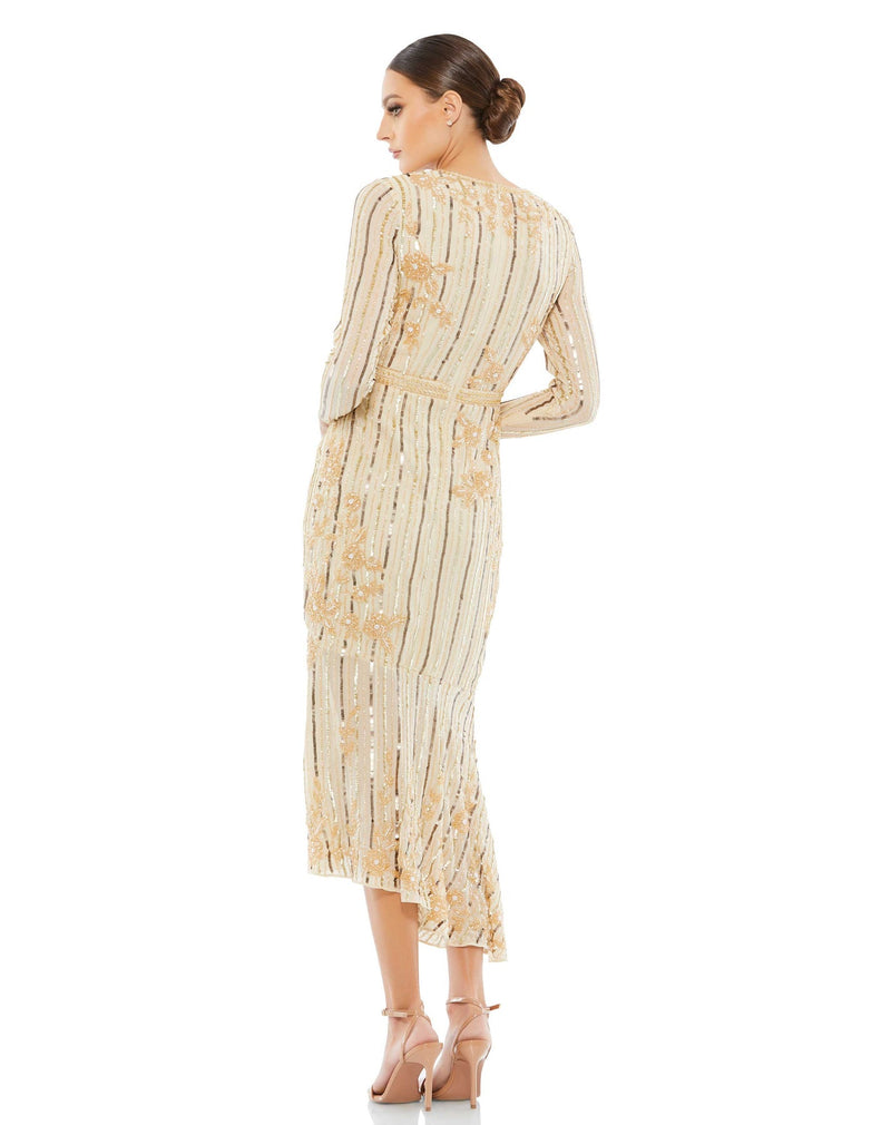 mac duggal, LONG SLEEVE TEA LENGTH modest DRESS, Style #93627, gold nude