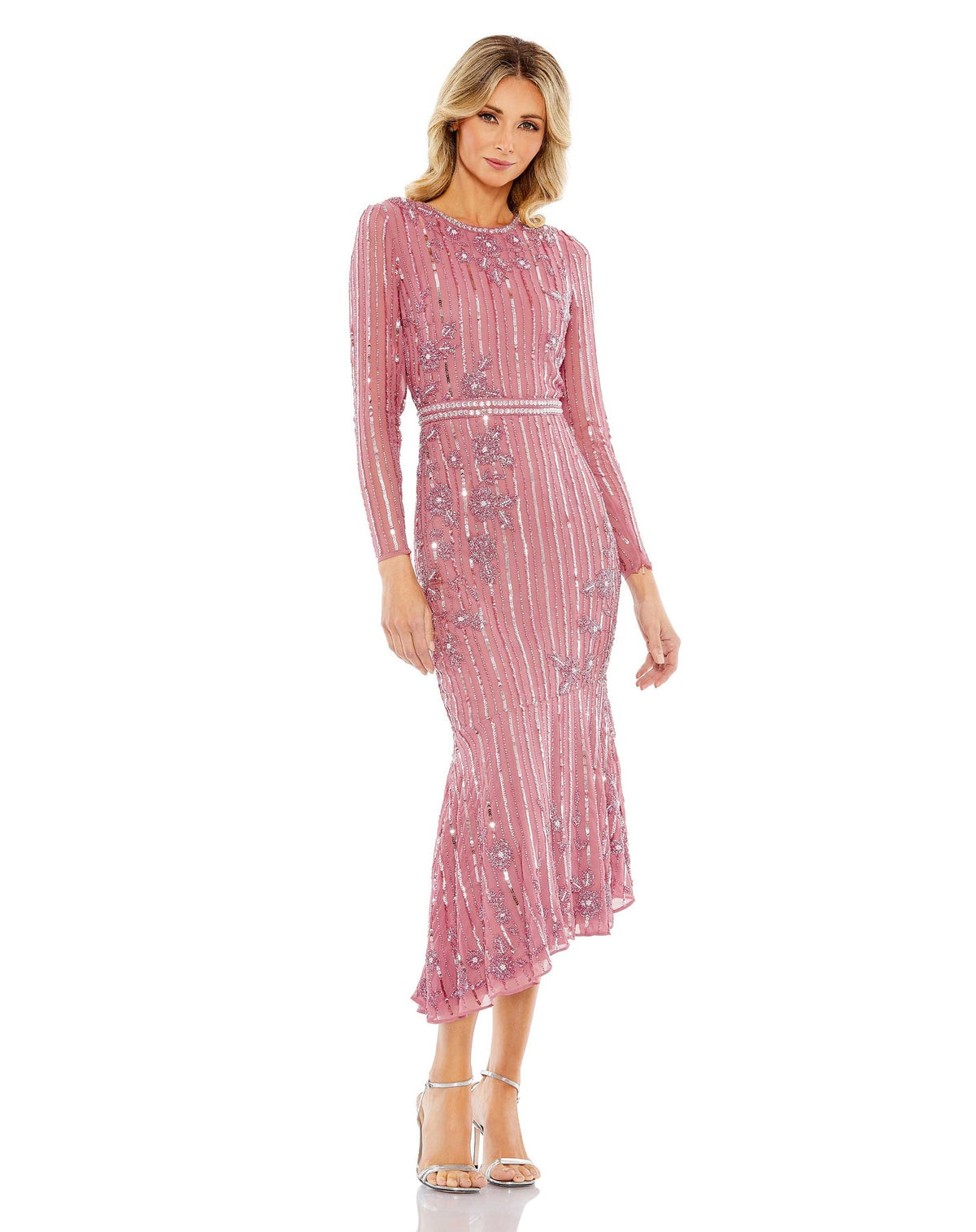 mac duggal, LONG SLEEVE TEA LENGTH modest DRESS, Style #93627, rose pink