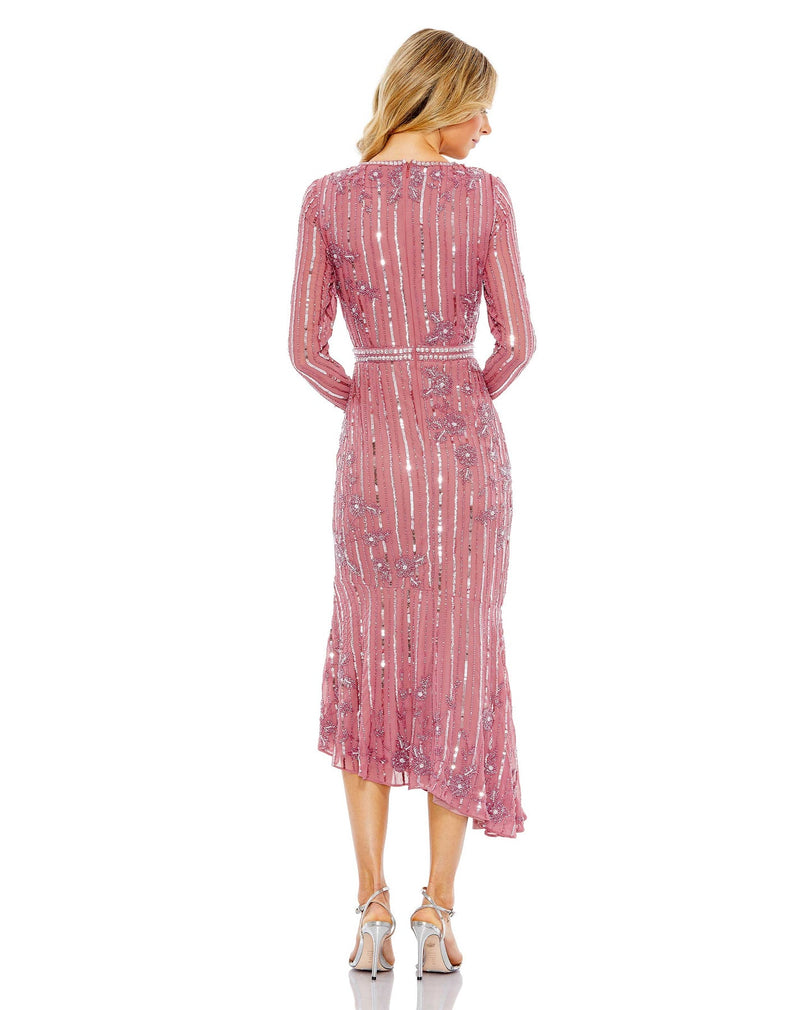 mac duggal, LONG SLEEVE TEA LENGTH modest DRESS, Style #93627, rose pink back