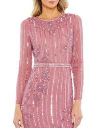 mac duggal, LONG SLEEVE TEA LENGTH modest DRESS, Style #93627, rose pink close up