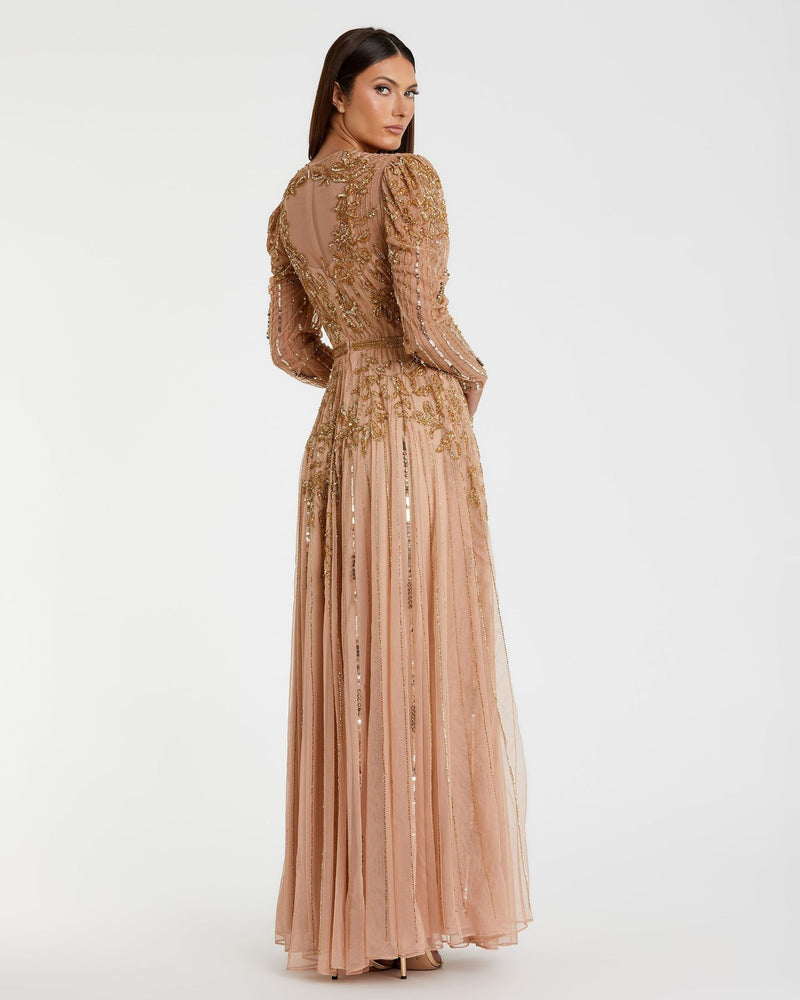 Beaded illusion puff sleeve gown - Gold