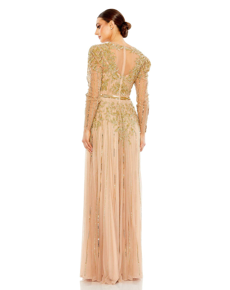 Beaded illusion puff sleeve gown - Gold