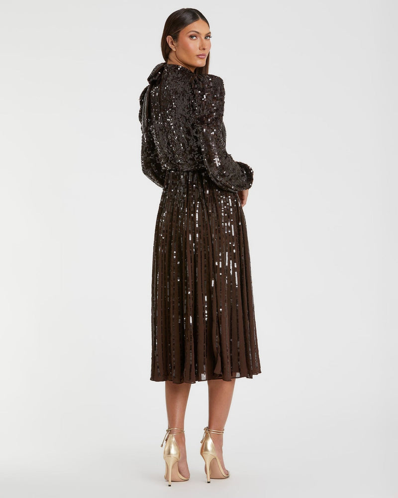 Long Sleeve Sequin Tea Length Modest Dress - Dark Chocolate