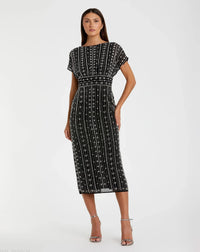 Mac Duggal 93649 Black beaded cap sleeve sheath midi dress - front