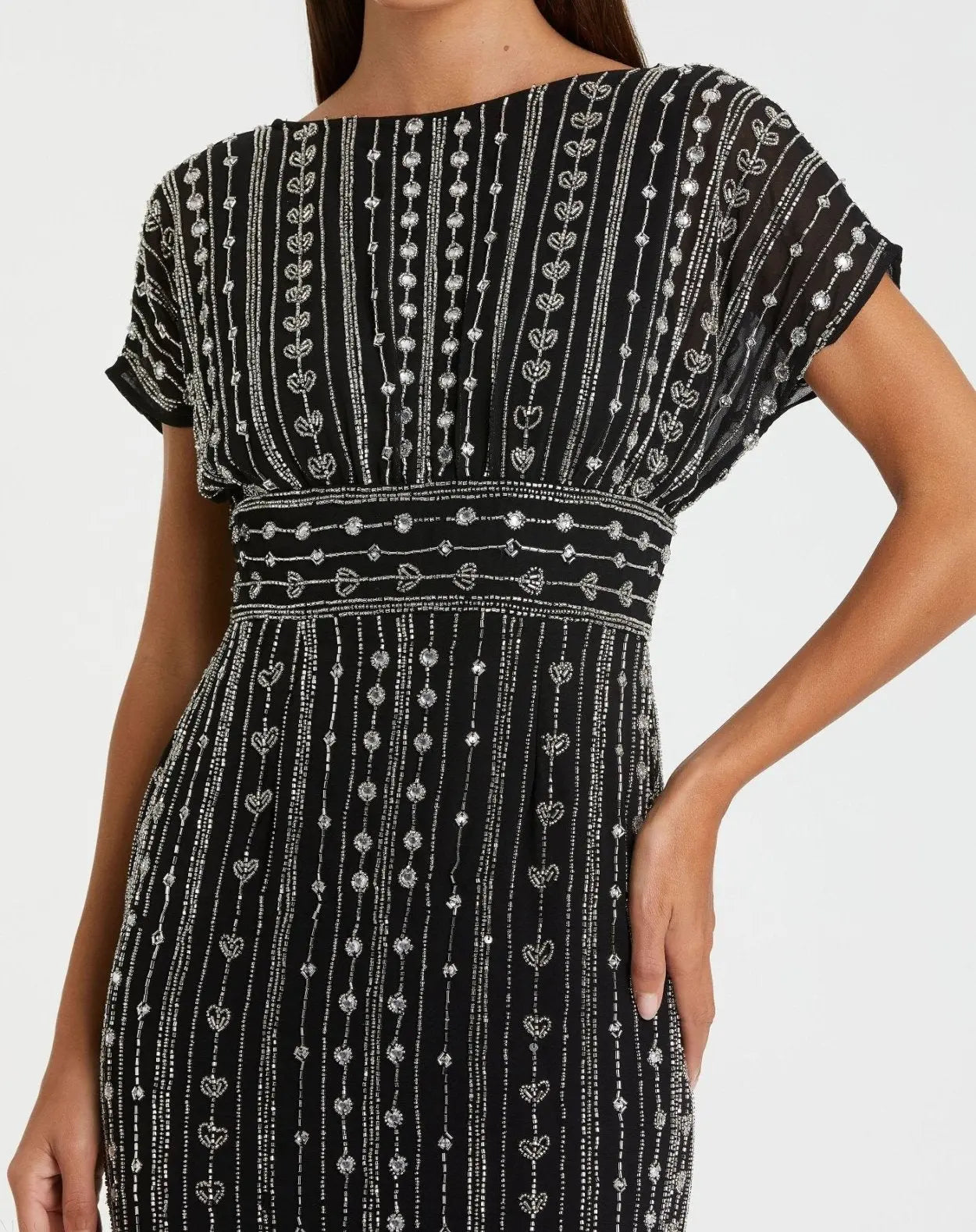 Mac Duggal 93649 Black beaded cap sleeve sheath midi dress - detail