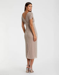Mac Duggal 93649 Dark Mocha beaded cap sleeve sheath midi dress - back