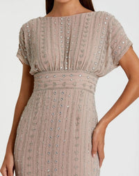 Mac Duggal 93649 Dark Mocha beaded cap sleeve sheath midi dress - detail