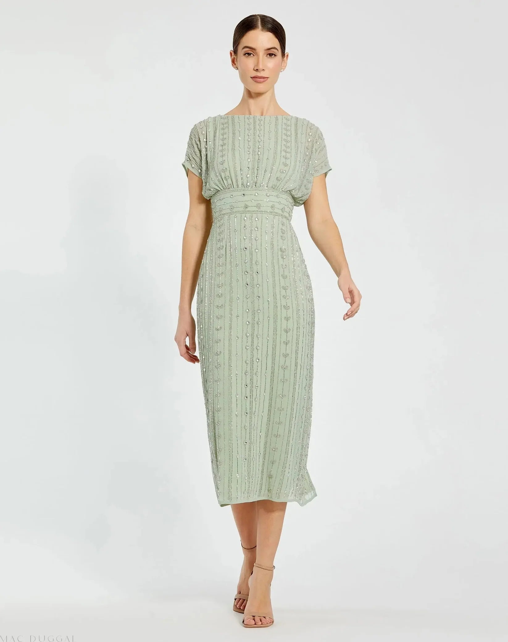 Mac Duggal 93649 Sage beaded cap sleeve sheath midi dress - front