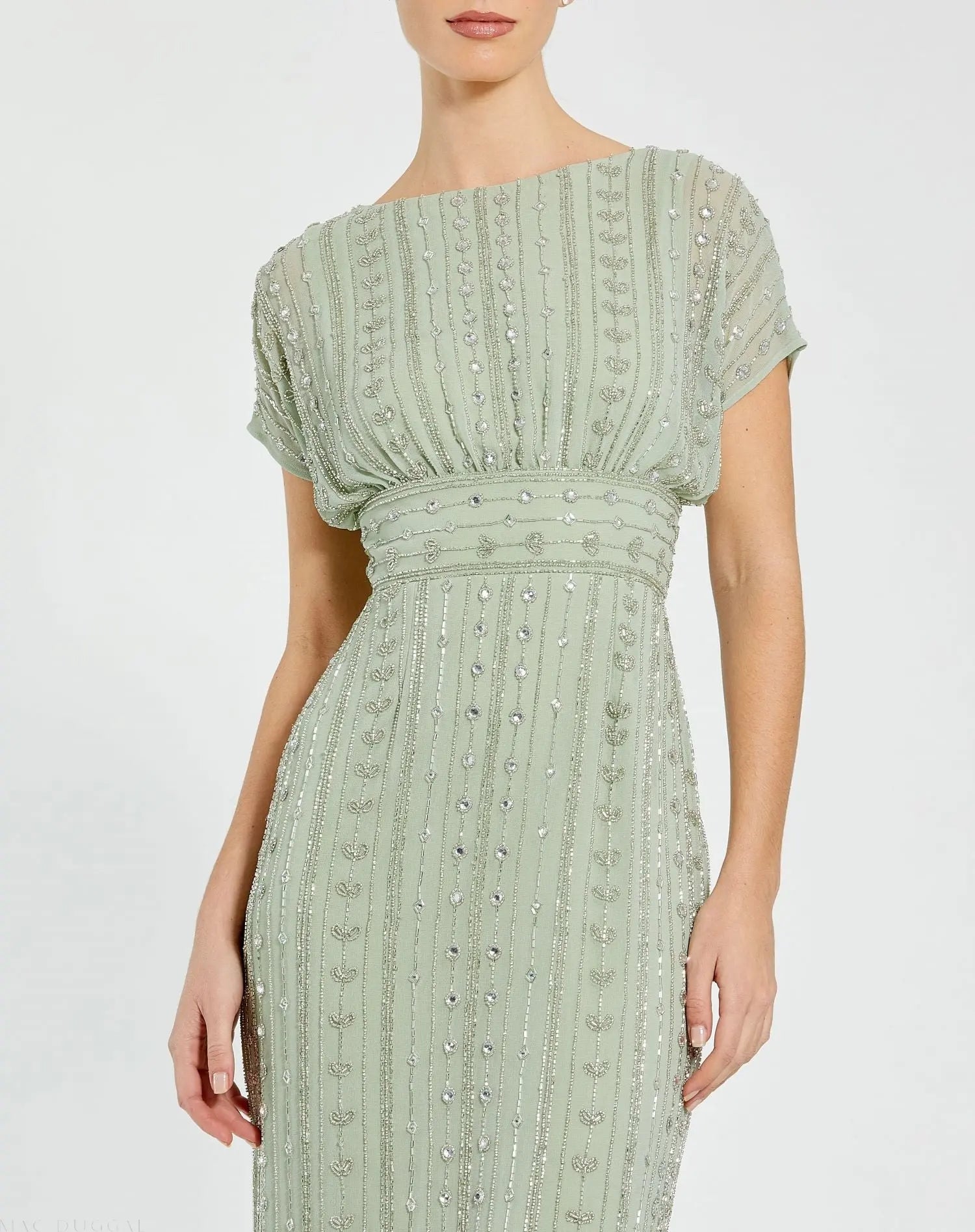 Mac Duggal 93649 Sage beaded cap sleeve sheath midi dress - detail