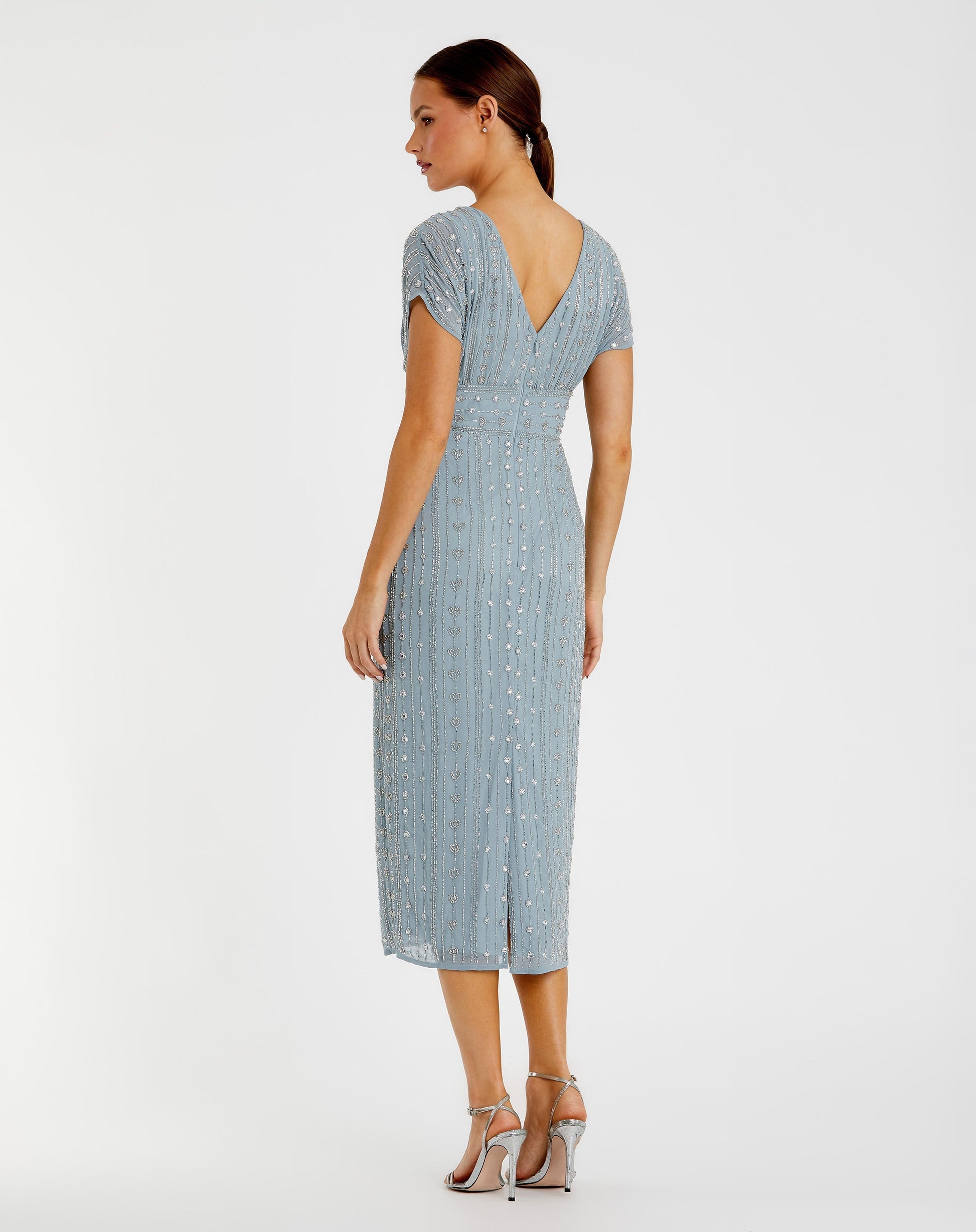 Mac Duggal 93649 Slate Blue beaded cap sleeve sheath midi dress - back