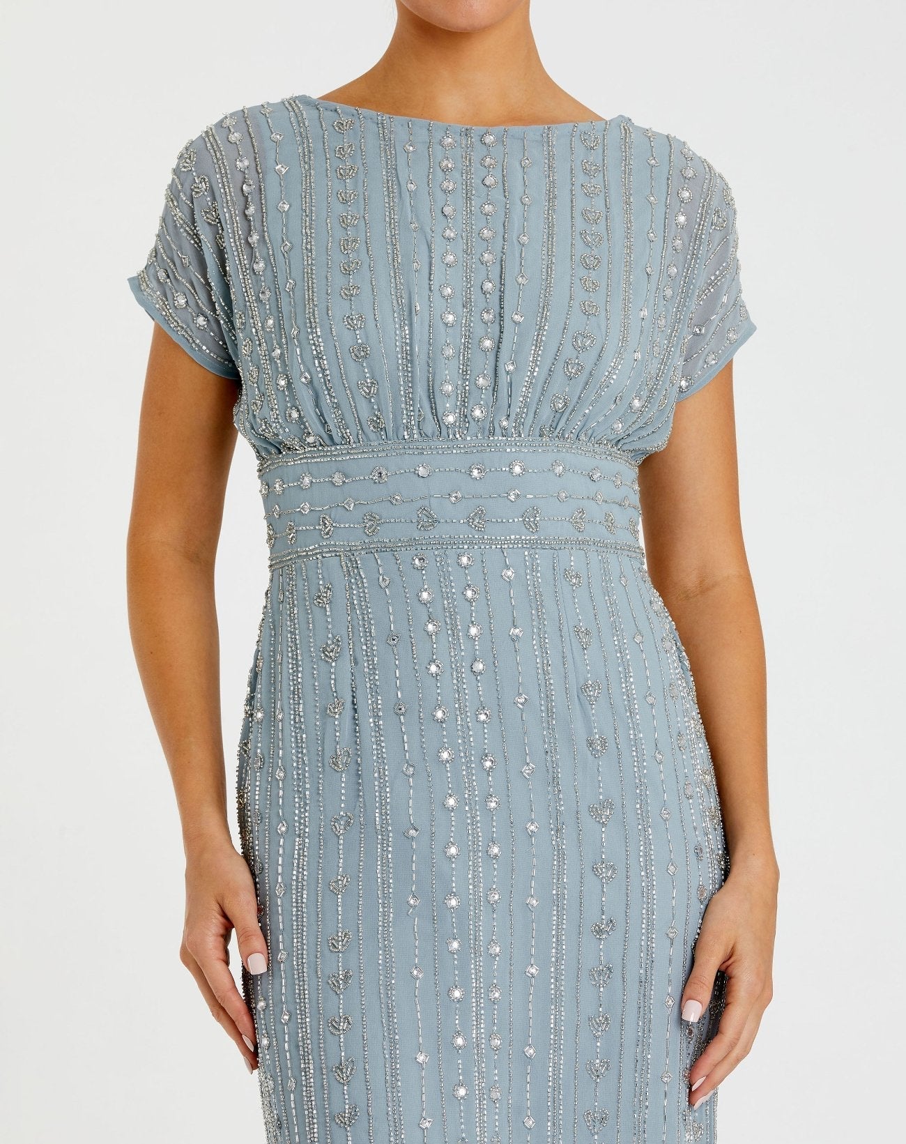 Mac Duggal 93649 Slate Blue beaded cap sleeve sheath midi dress - detail