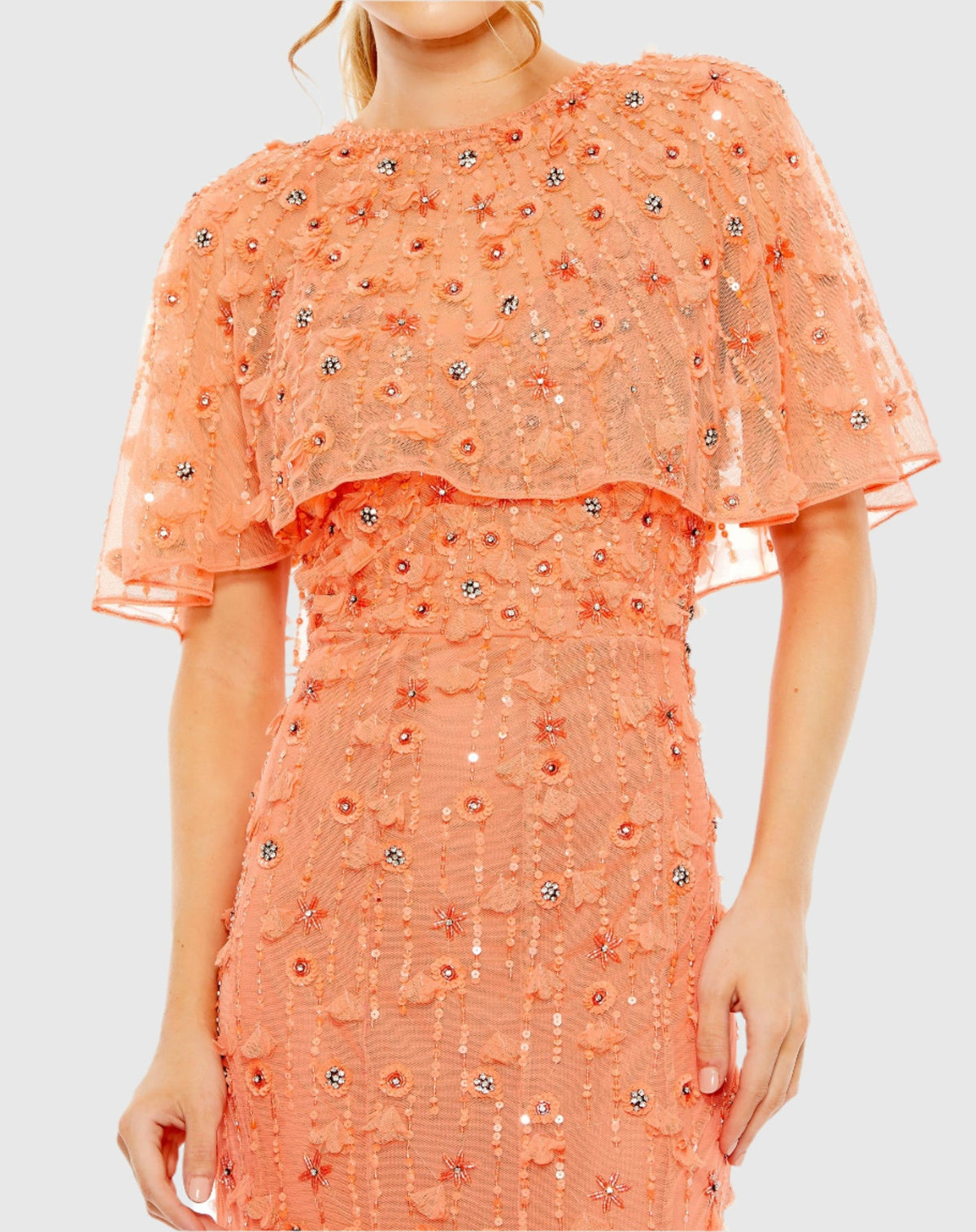 Embellished Cape Gown - Coral