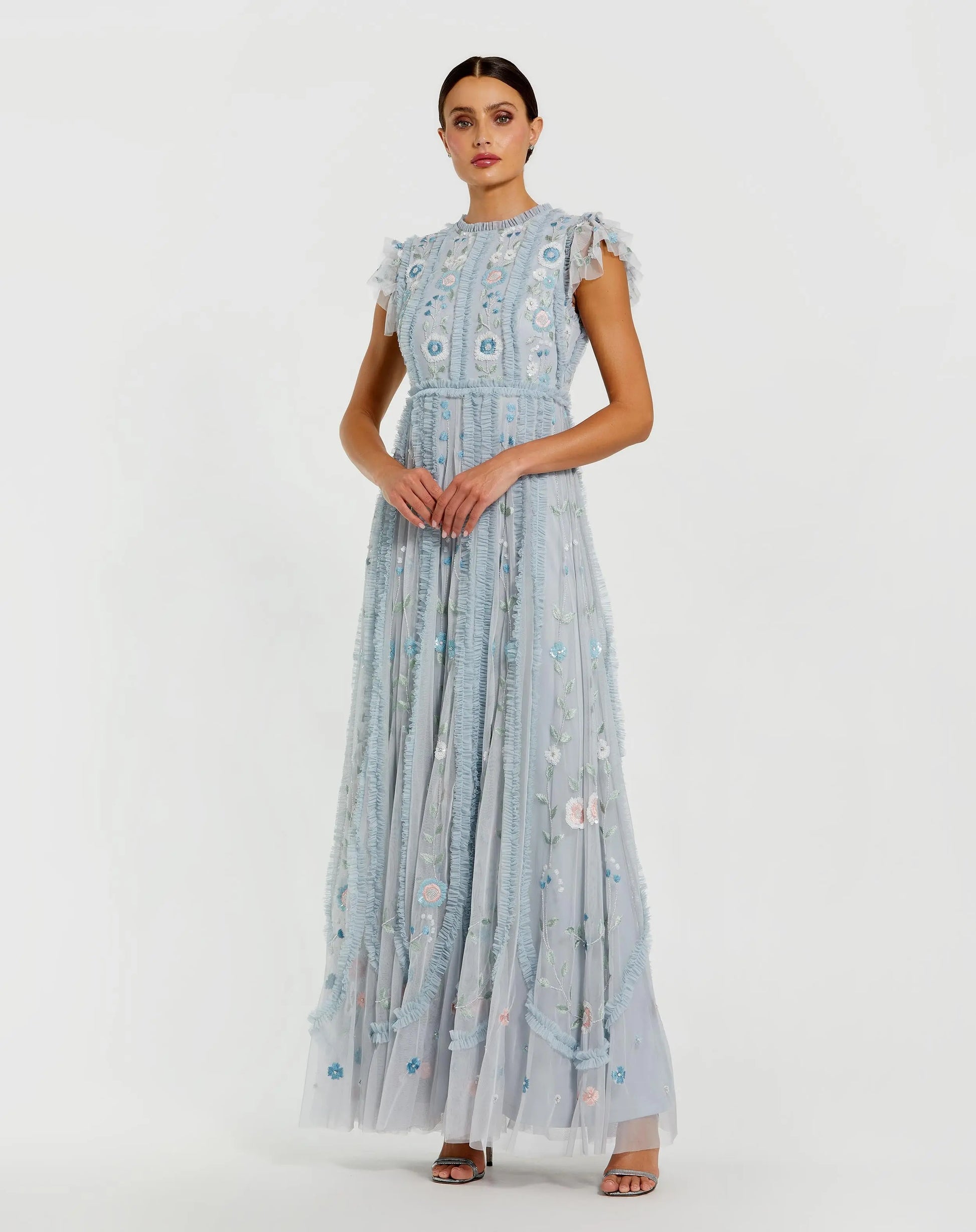 Powder Blue Mesh Ruffle Cap Sleeve Floral Beaded Gown