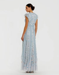 Powder Blue Mesh Ruffle Cap Sleeve Floral Beaded Gown