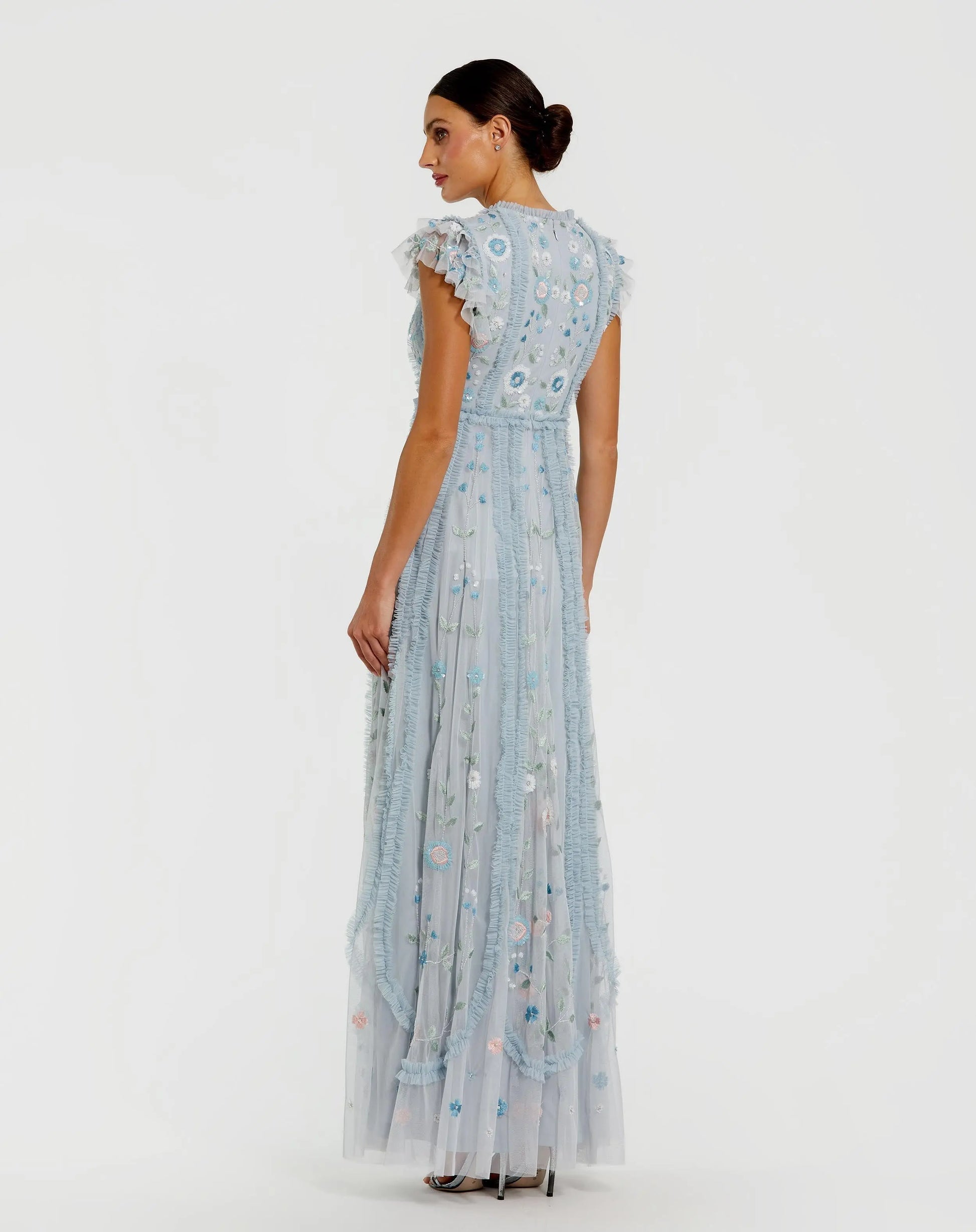 Powder Blue Mesh Ruffle Cap Sleeve Floral Beaded Gown