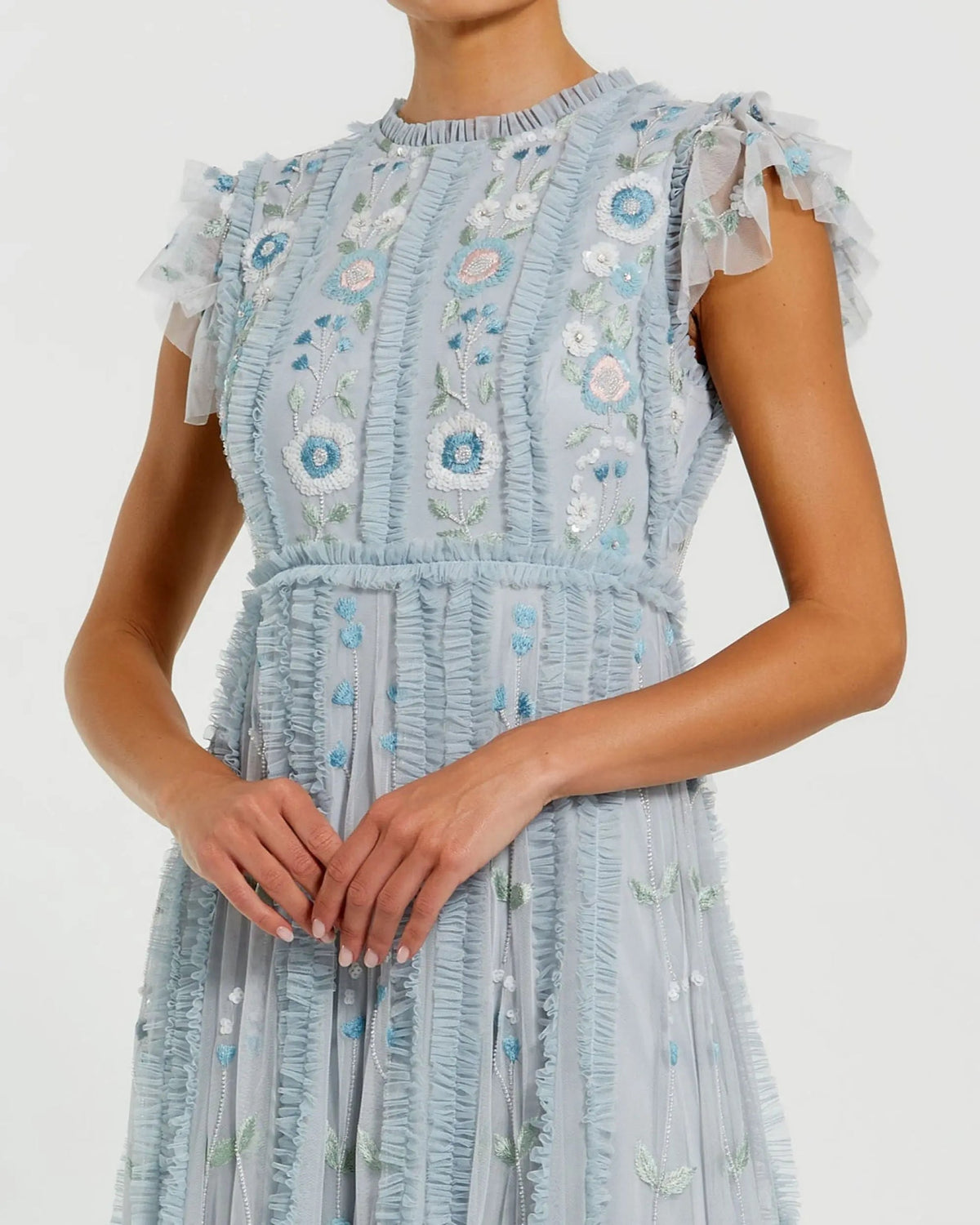 Powder Blue Mesh Ruffle Cap Sleeve Floral Beaded Gown