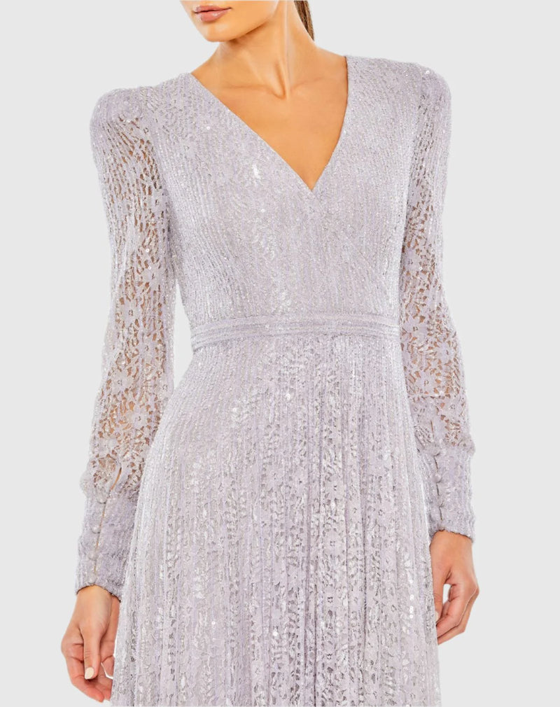 Beaded Lace Long Sleeve Wrap Over Gown - Midnight