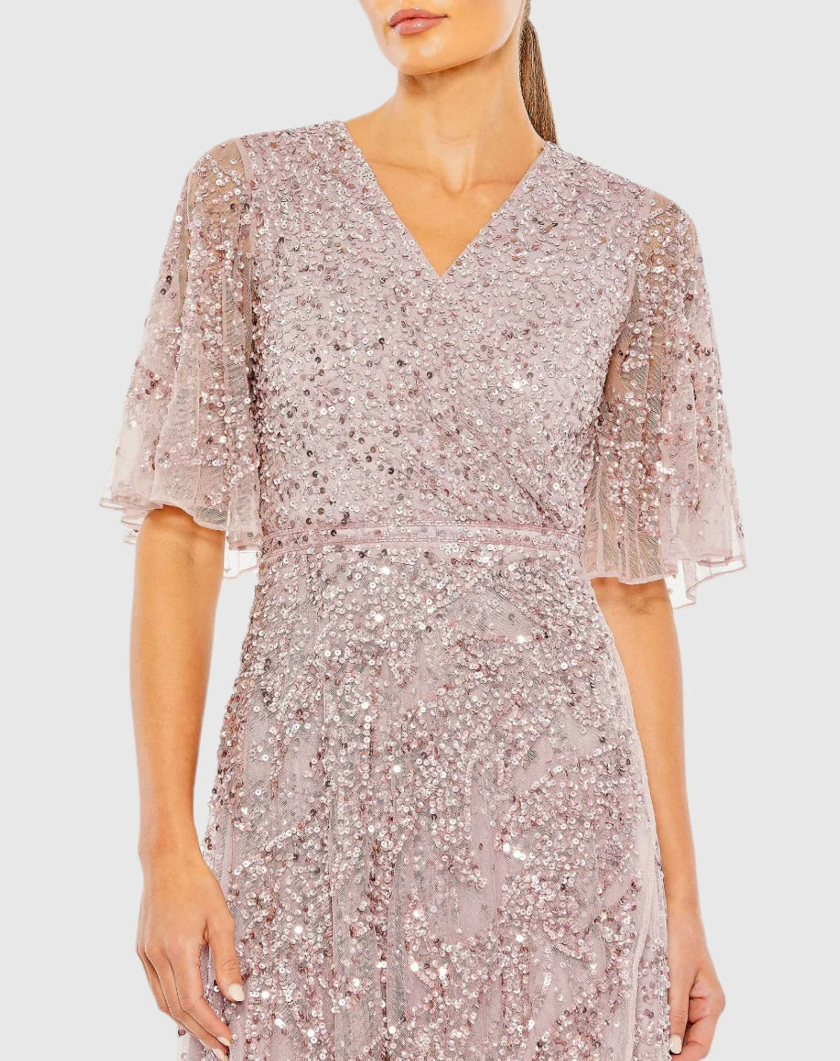 Sequined Butterfly Sleeve High Low Gown - Lilac