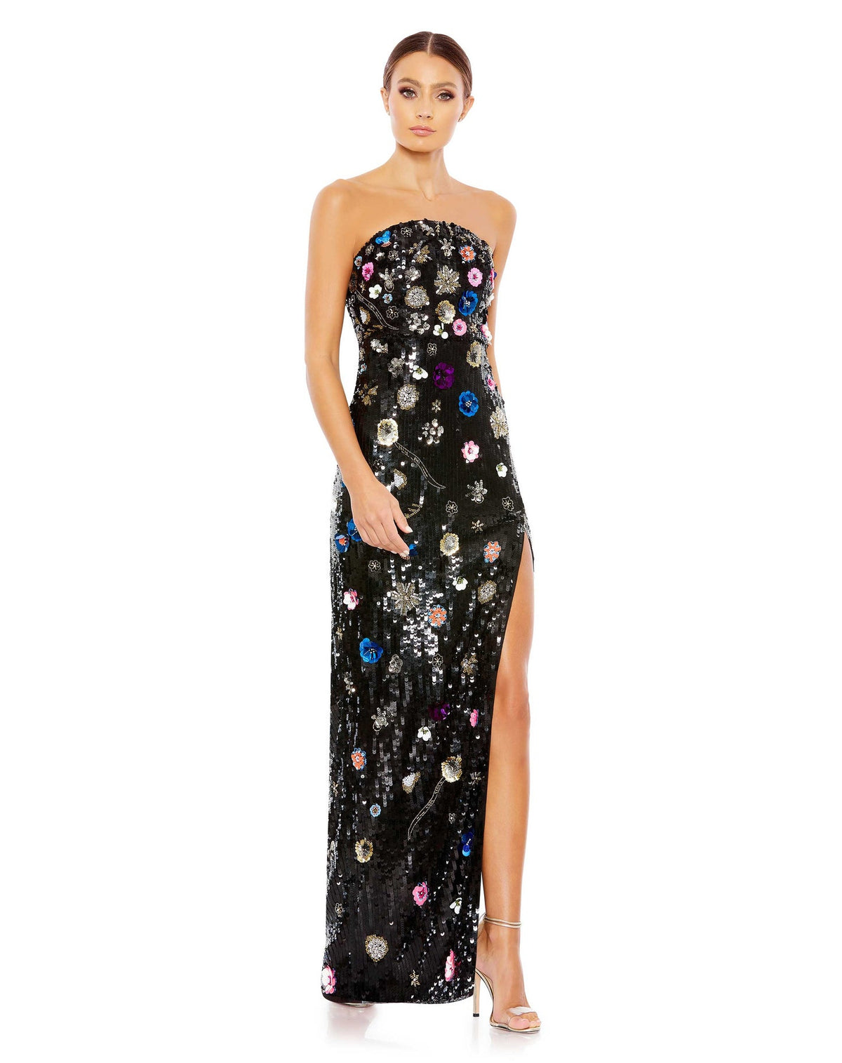 Floral sequin strapless column gown - Black