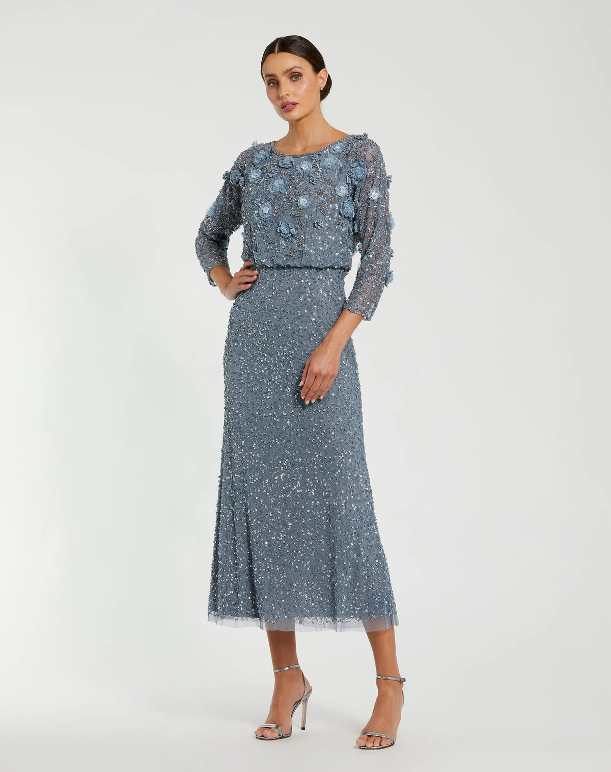 Mac Duggal #9373 Blue Floral Embellished Midi Dress With 3/4 Sleeves