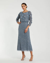 Mac Duggal #9373 Blue Floral Embellished Midi Dress With 3/4 Sleeves
