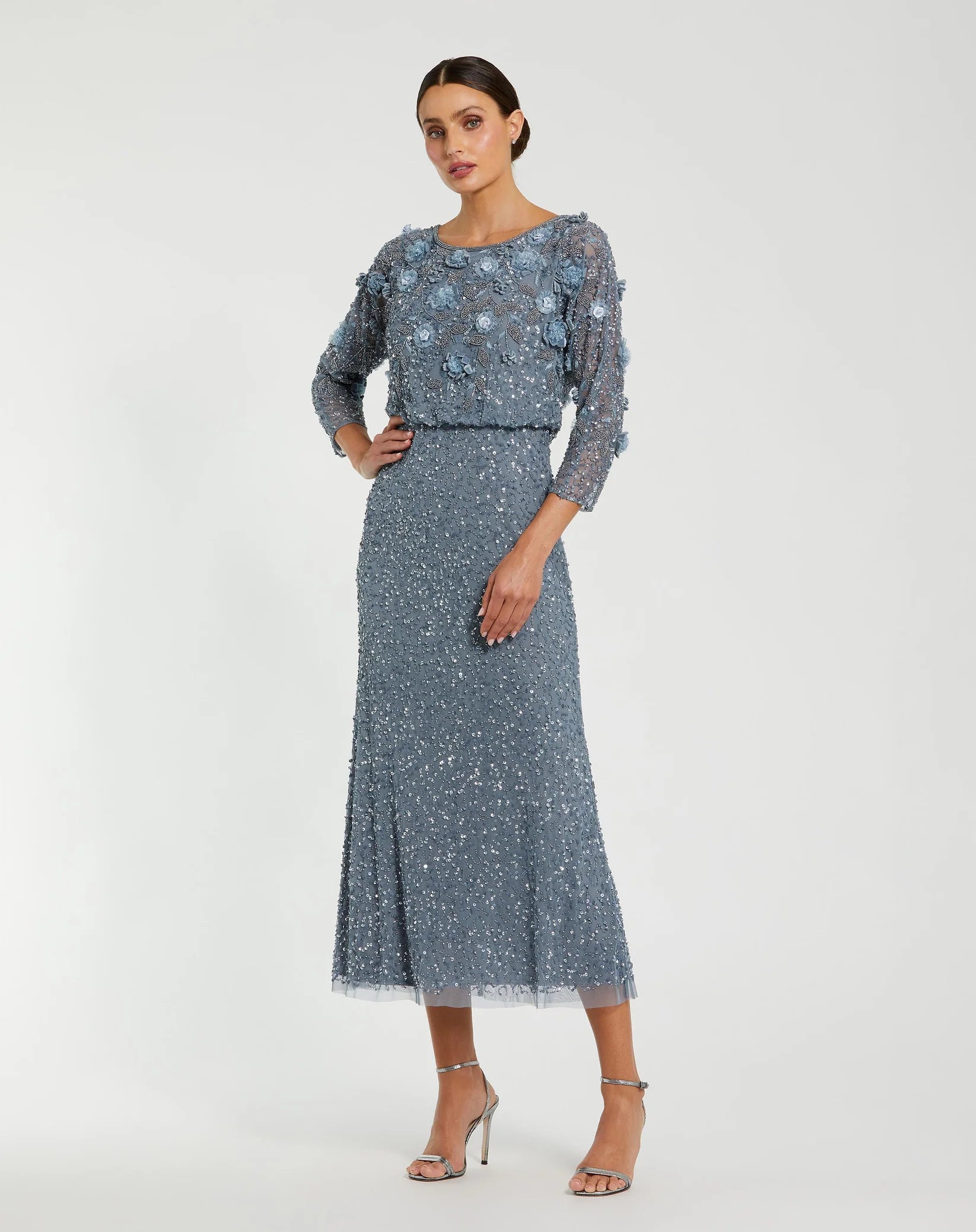 Mac Duggal #9373 Blue Floral Embellished Midi Dress With 3/4 Sleeves