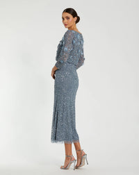 Mac Duggal #9373 Blue Floral Embellished Midi Dress With 3/4 Sleeves back view