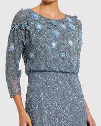 Mac Duggal #9373 Blue Floral Embellished Midi Dress With 3/4 Sleeves close up