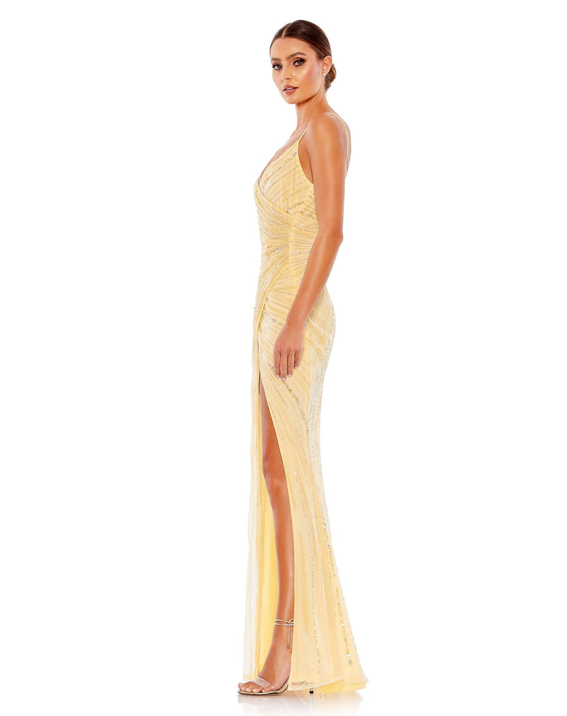 Mac Duggal Style #93733 Beaded sleeveless wrap gown - Buttercream side view