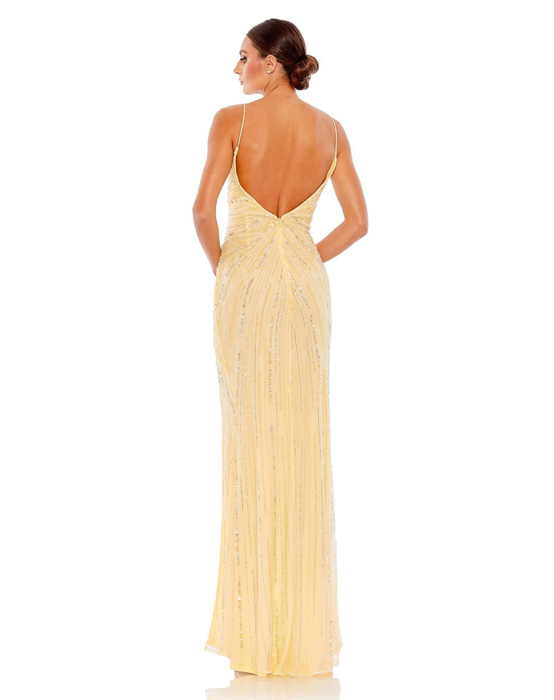 Mac Duggal Style #93733 Beaded sleeveless wrap gown - Buttercream back view