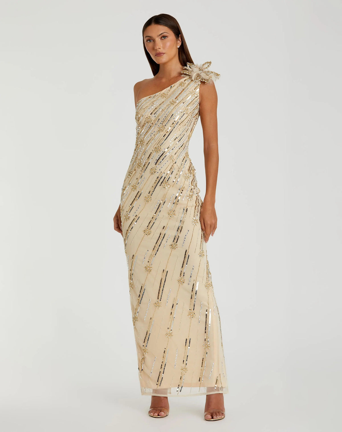 Mac Duggal 93739 Nude Gold embellished floral detail one shoulder gown - Front