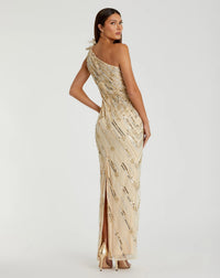 Mac Duggal 93739 Nude Gold embellished floral detail one shoulder gown - Back view