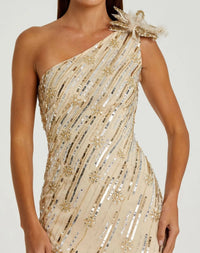 Mac Duggal 93739 Nude Gold embellished floral detail one shoulder gown - Close up detail
